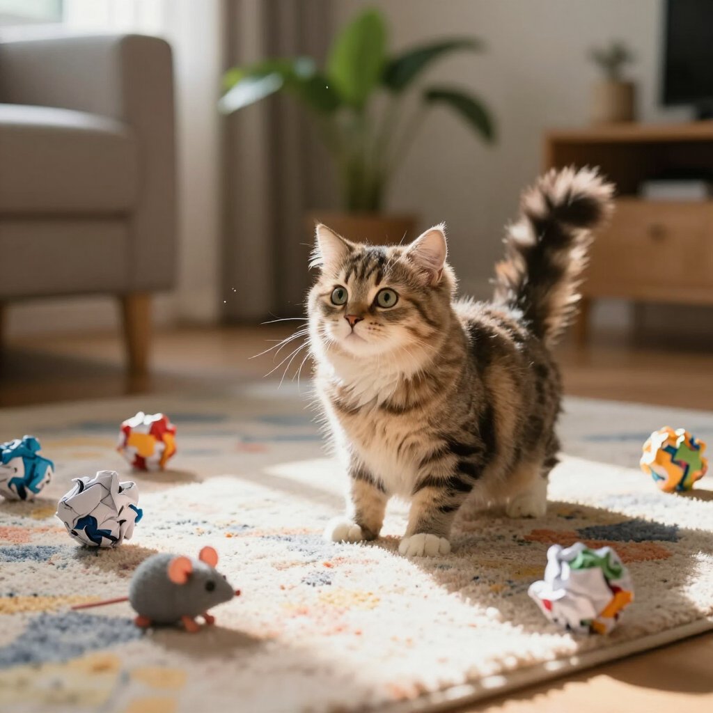 cat sitting on rug with cat toys