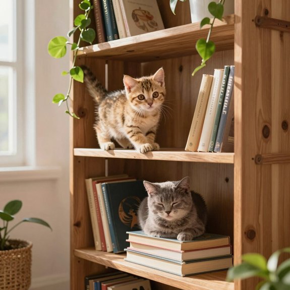 cat friendly vertical bookshelf setup