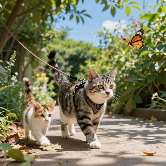 cat harnessed outdoor exploration with treats