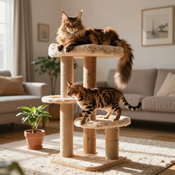 large breed cats climbing towers