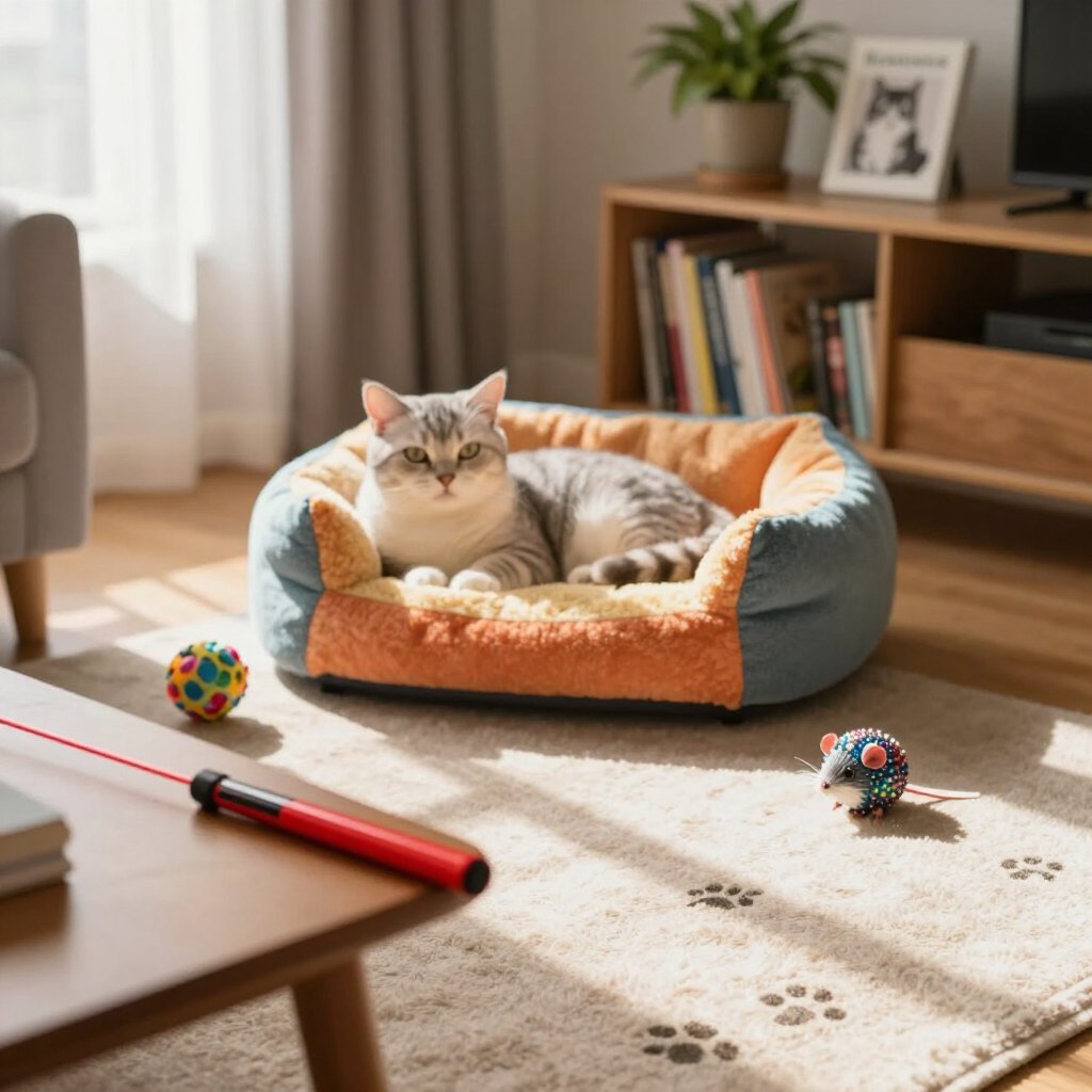 cat sitting in a cat bed looking at the laser toy