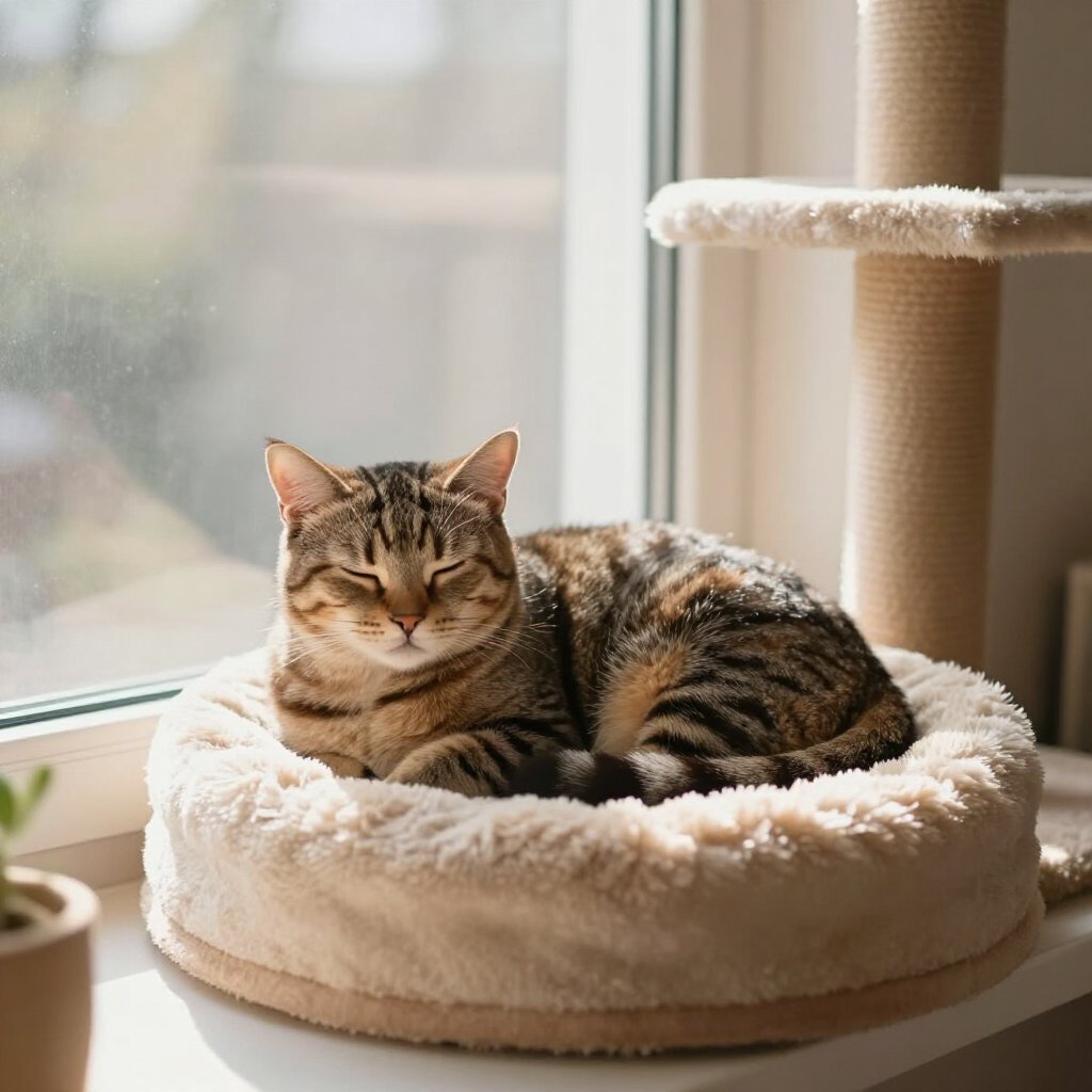 cat resting in a round plush cat bed