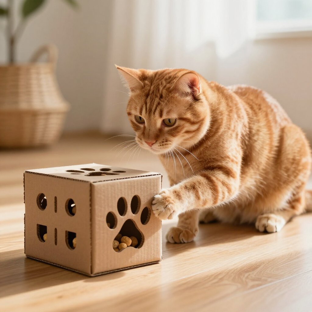 cat playing with cardboard treat puzzle feeder