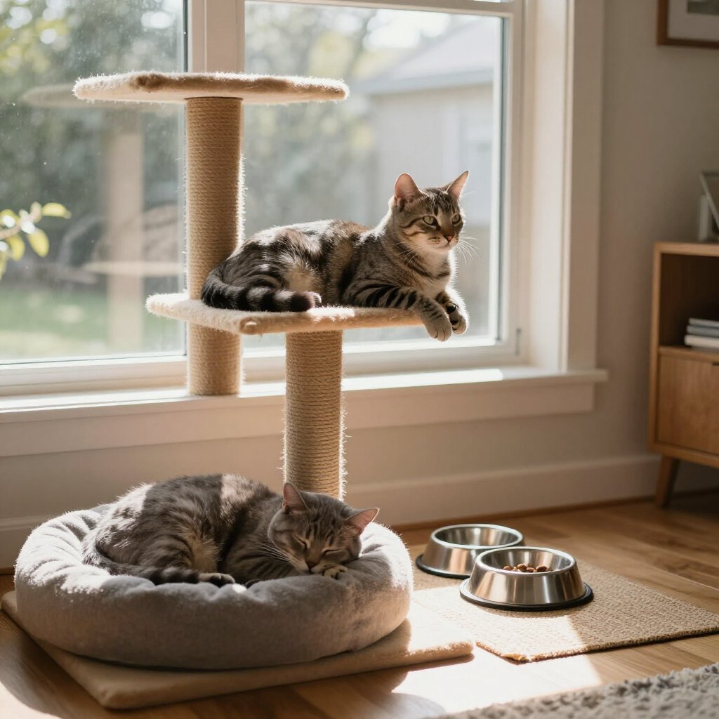 cats sitting on a tree and in a bed resting