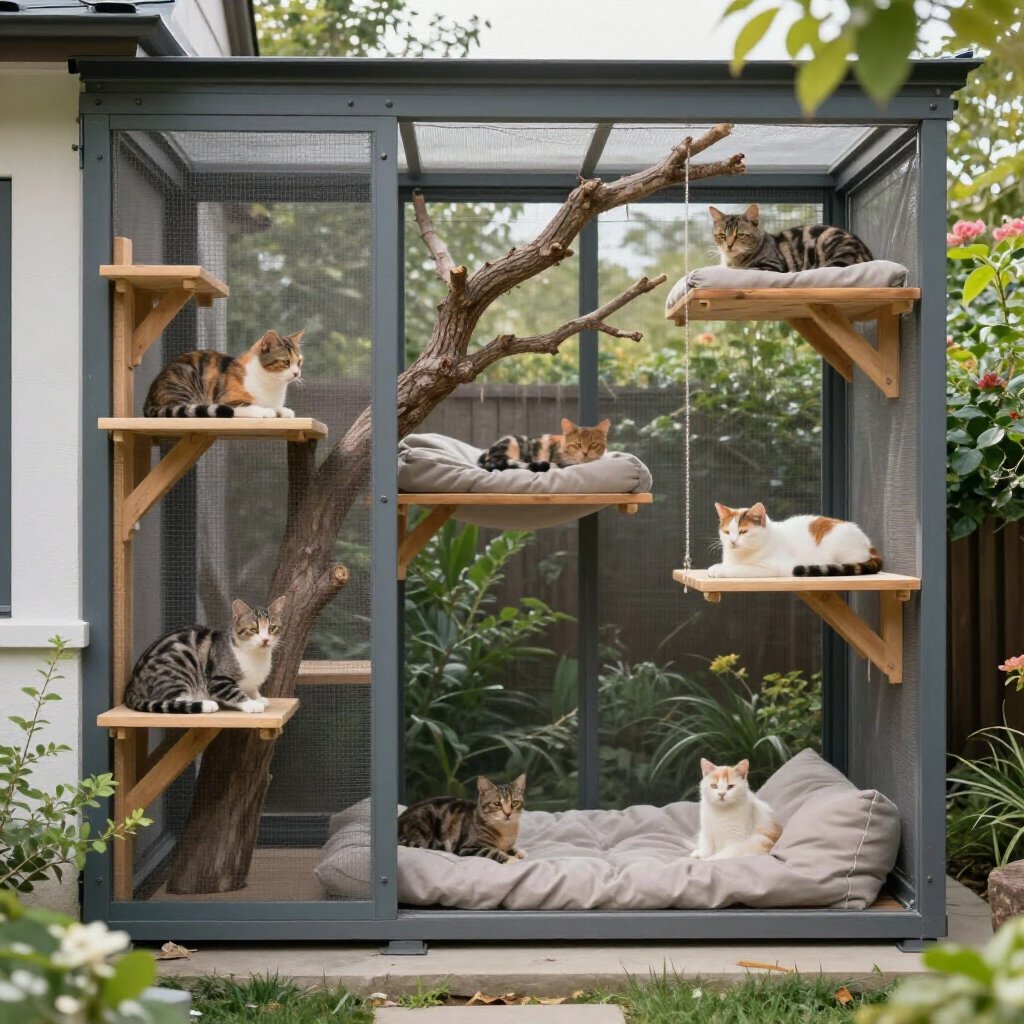 cats sitting on multi-levels in a catio