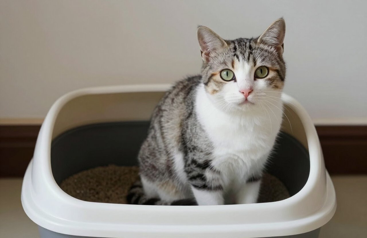 cat in a litter box that needs a self cleaning litter box