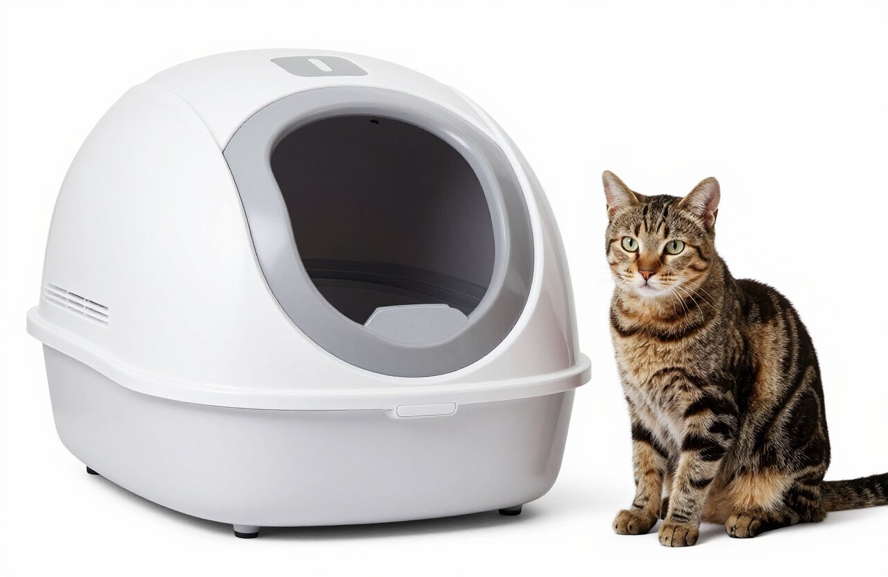 cat sitting next to a self cleaning litter box